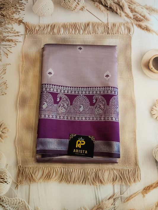 Lavender & Purple Semi Kanchipuram Silk Saree with Silver Zari Border