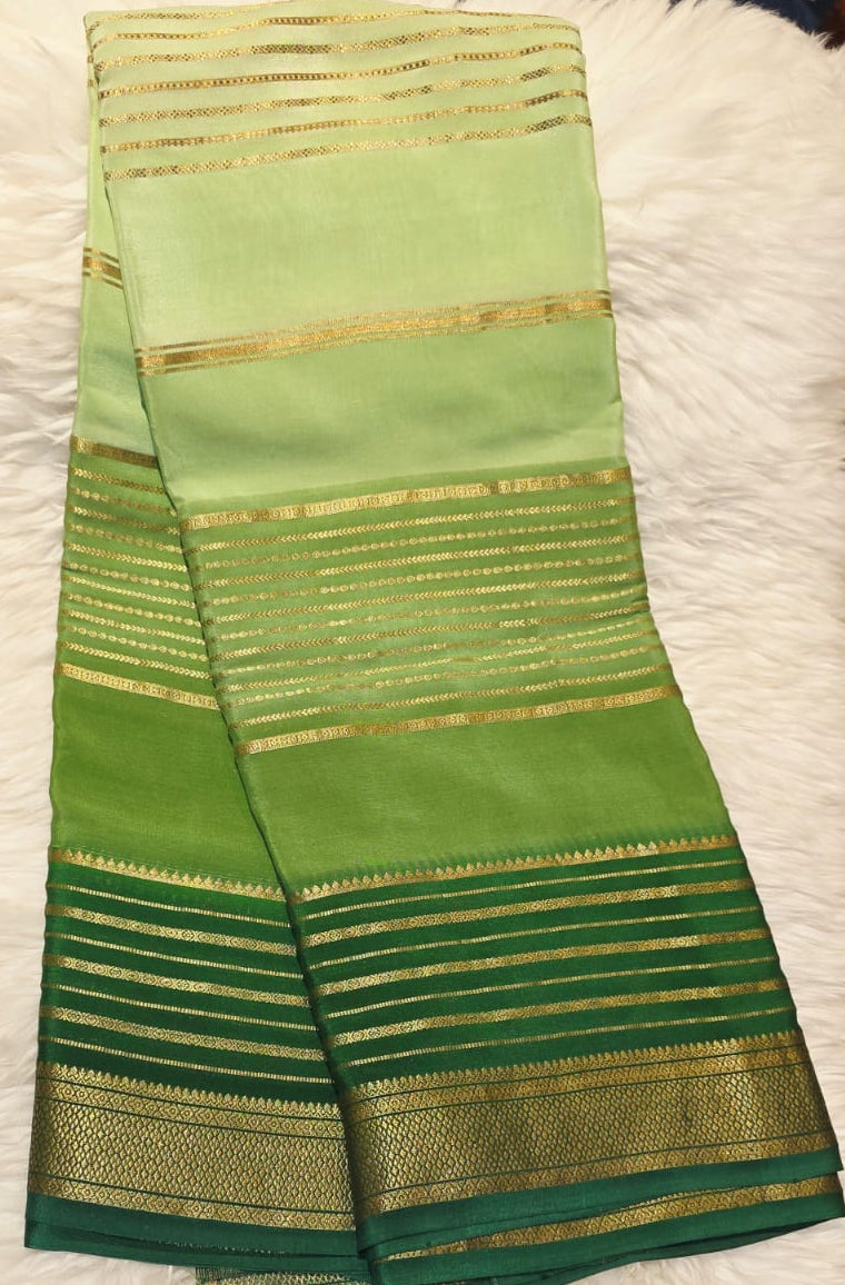 Pure Crepe Mysore Silk Saree – Light & Dark Green Shaded