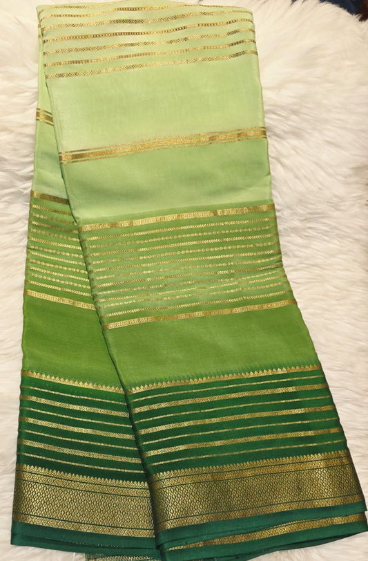 Pure Crepe Mysore Silk Saree – Light & Dark Green Shaded