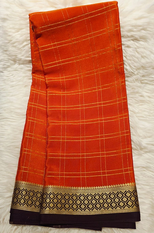 PURE CREPE MYSORE SILK SAREE ORANGE CHECKS