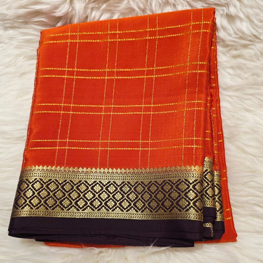 PURE CREPE MYSORE SILK SAREE ORANGE CHECKS