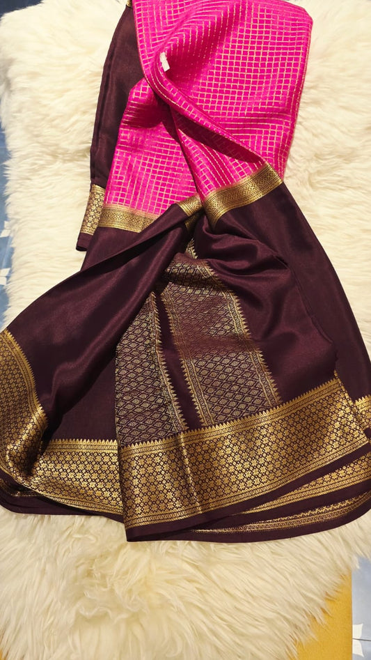PURE CREPE MYSORE SILK SAREE BROWN AND PINK CHECKS