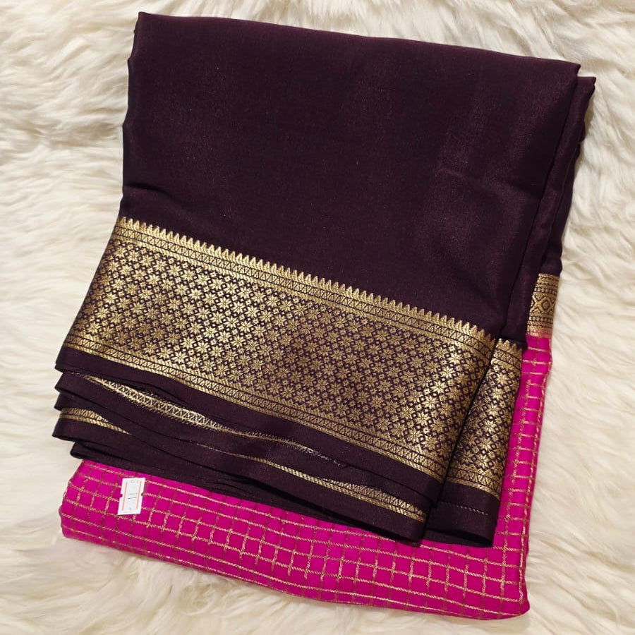 PURE CREPE MYSORE SILK SAREE BROWN AND PINK CHECKS