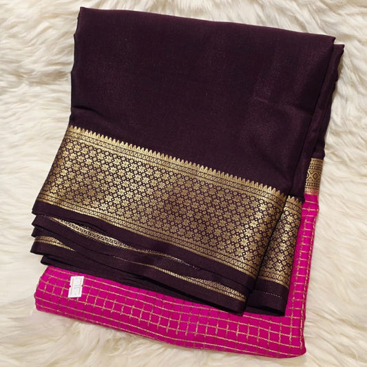 PURE CREPE MYSORE SILK SAREE BROWN AND PINK CHECKS