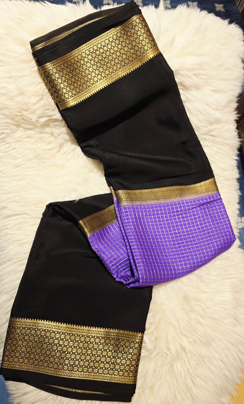 PURE CREPE MYSORE SILK SAREE BLACK AND PURPLE CHECKS