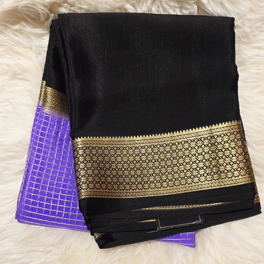 PURE CREPE MYSORE SILK SAREE BLACK AND PURPLE CHECKS