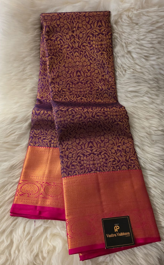 Pure Kanchipuram Silk Saree – Royal Purple with Contrast Pink Zari Border