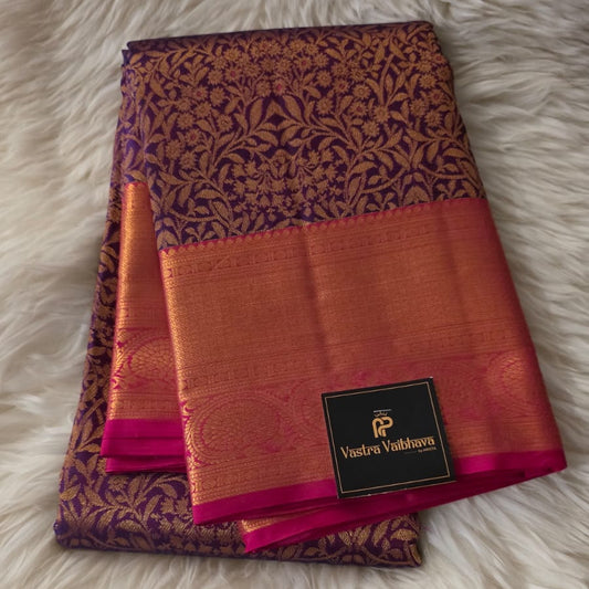 Pure Kanchipuram Silk Saree – Royal Purple with Contrast Pink Zari Border
