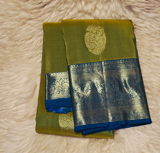 Pure Kanchipuram Silk Saree – Parrot Green with Royal Blue Border