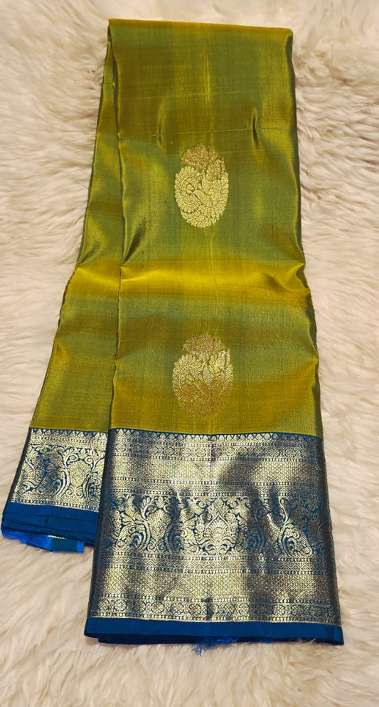 Pure Kanchipuram Silk Saree – Parrot Green with Royal Blue Border