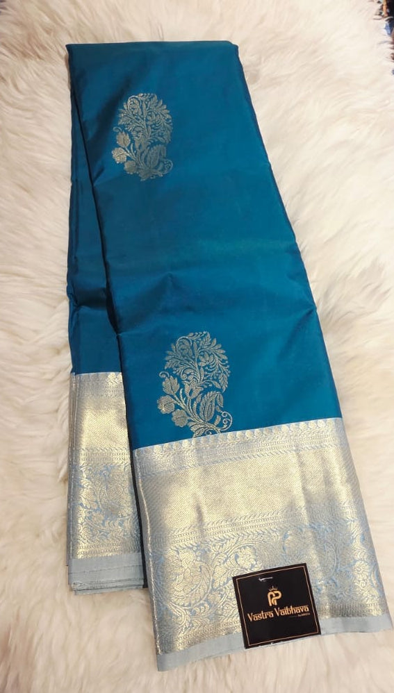 Semi Kanchipuram Silk Saree Premium Quality - teal Blue