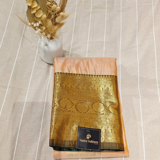 Semi Kanchipuram Silk Saree – Peach & Bottle Green Contrast