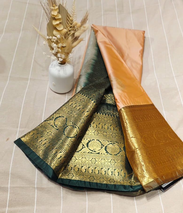 Semi Kanchipuram Silk Saree – Peach & Bottle Green Contrast