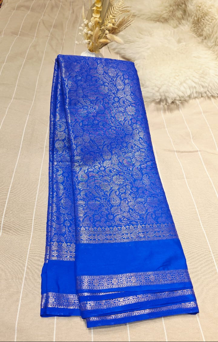 Semi Crepe Brocade Silk Saree – Royal Blue with All-Over Zari Weaving