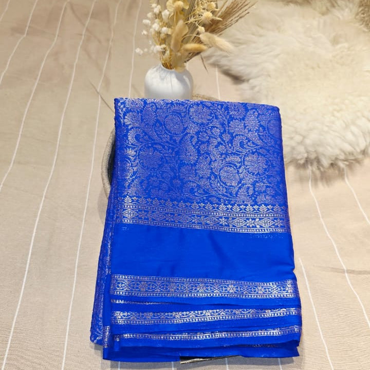 Semi Crepe Brocade Silk Saree – Royal Blue with All-Over Zari Weaving