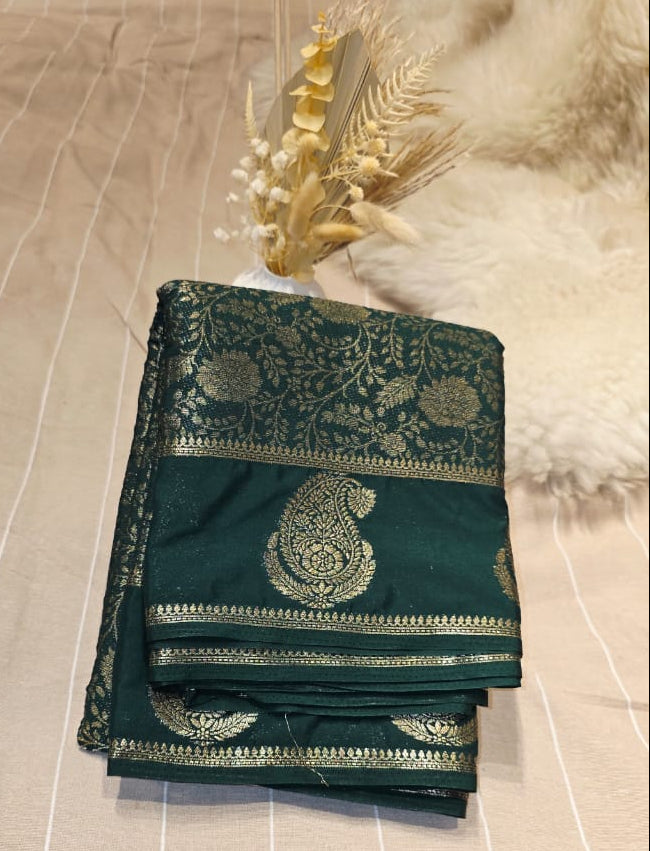Semi Crepe Brocade Silk Saree –Bottle Green