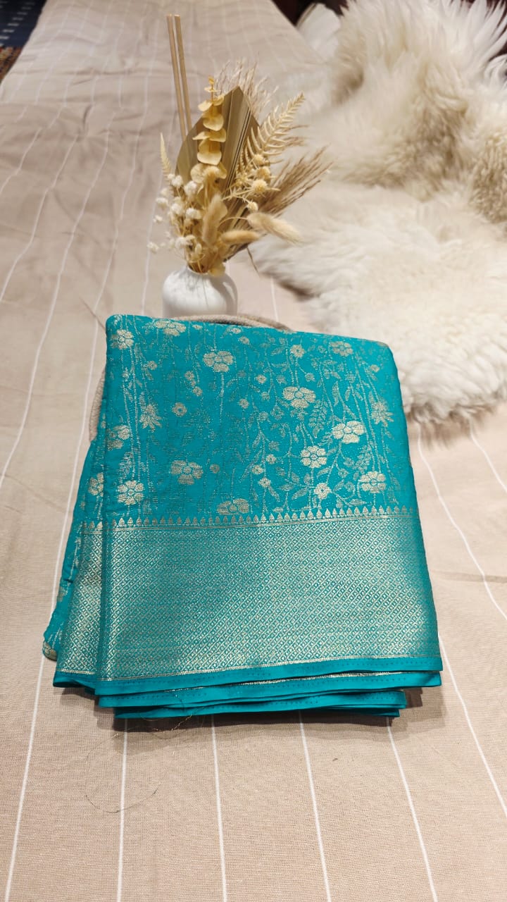 Semi Crepe Brocade Silk Saree – TEAL GREEN