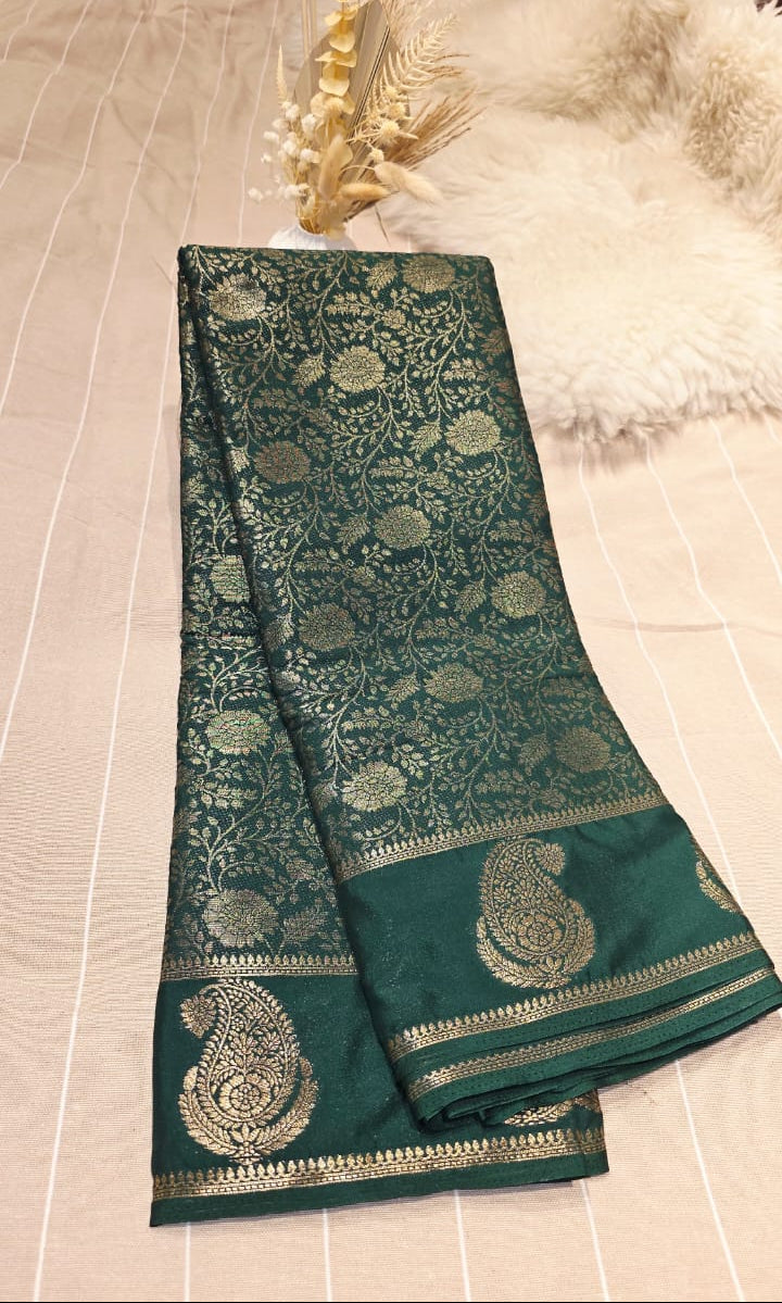 Semi Crepe Brocade Silk Saree –Bottle Green