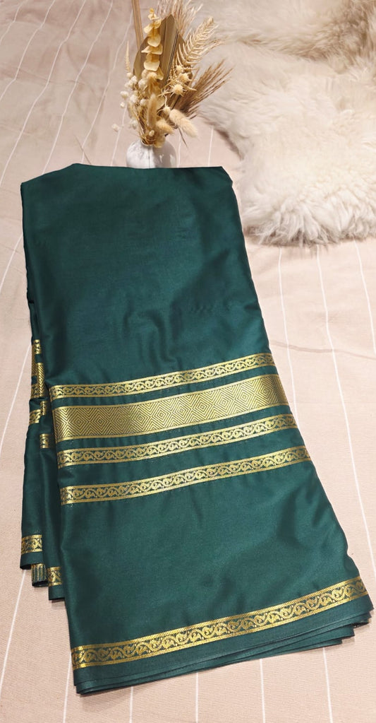 Semi Crepe Silk Saree – Bottle Green with Elegant Zari Stripes