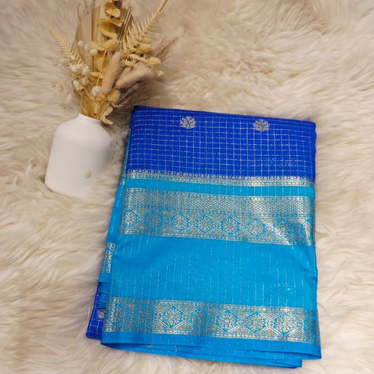 Semi Crepe Checks Silk Saree – Blue & Sky Blue