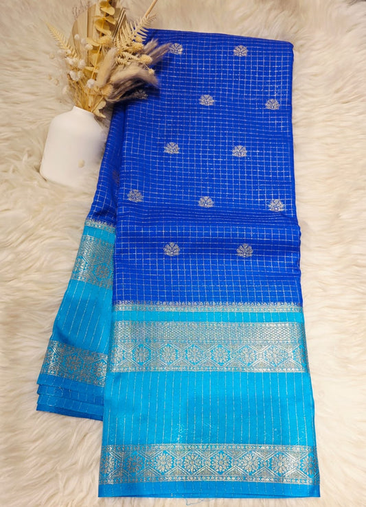 Semi Crepe Checks Silk Saree – Blue & Sky Blue