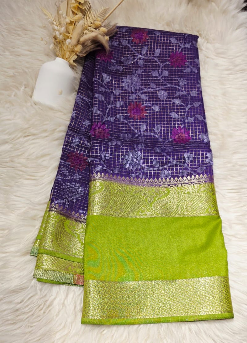 Semi Crepe Silk Saree – Purple & Parrot Green