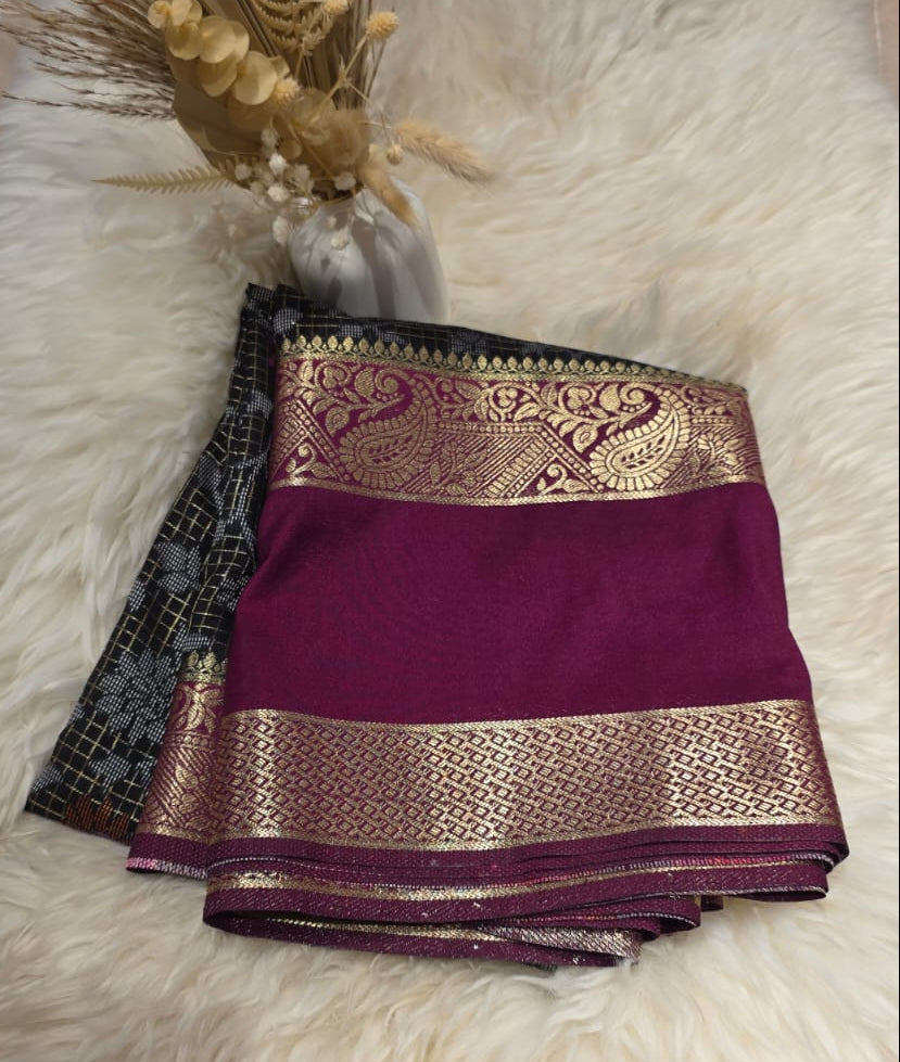 Semi Crepe Silk Saree – Black & Wine