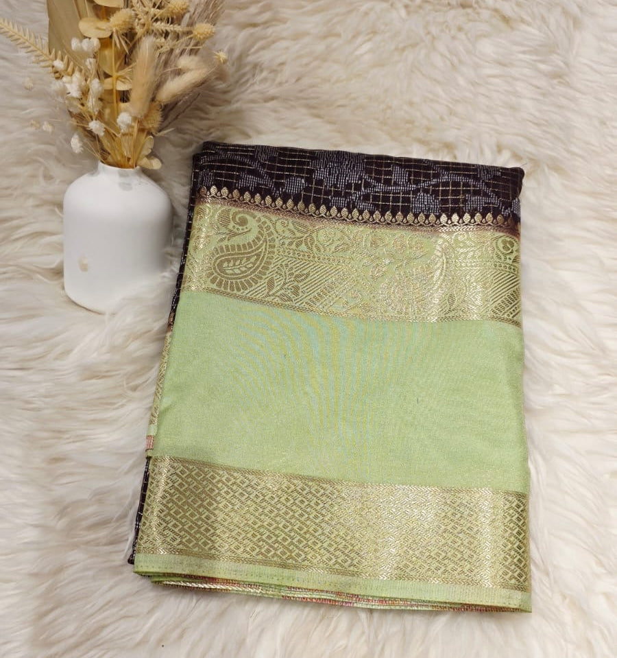 Semi Crepe Silk Saree -BROWN & LIGHT GREEN