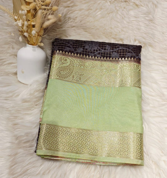 Semi Crepe Silk Saree -BROWN & LIGHT GREEN