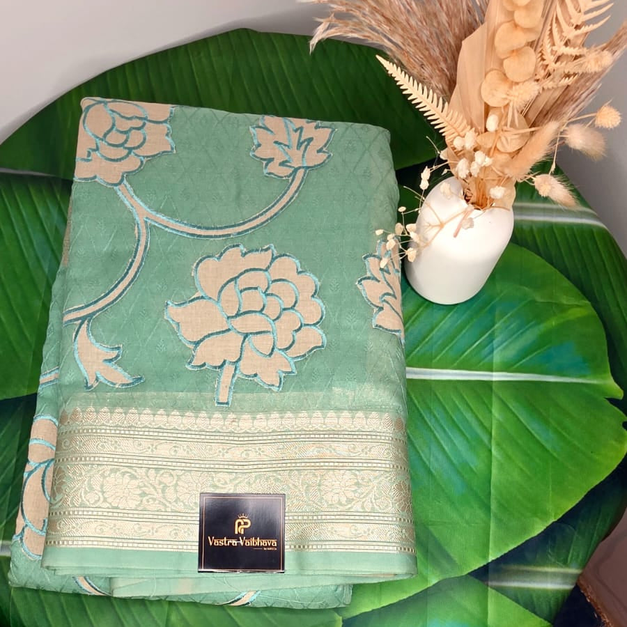 Premium Applique Work Silk Saree – Pastel Green Elegance