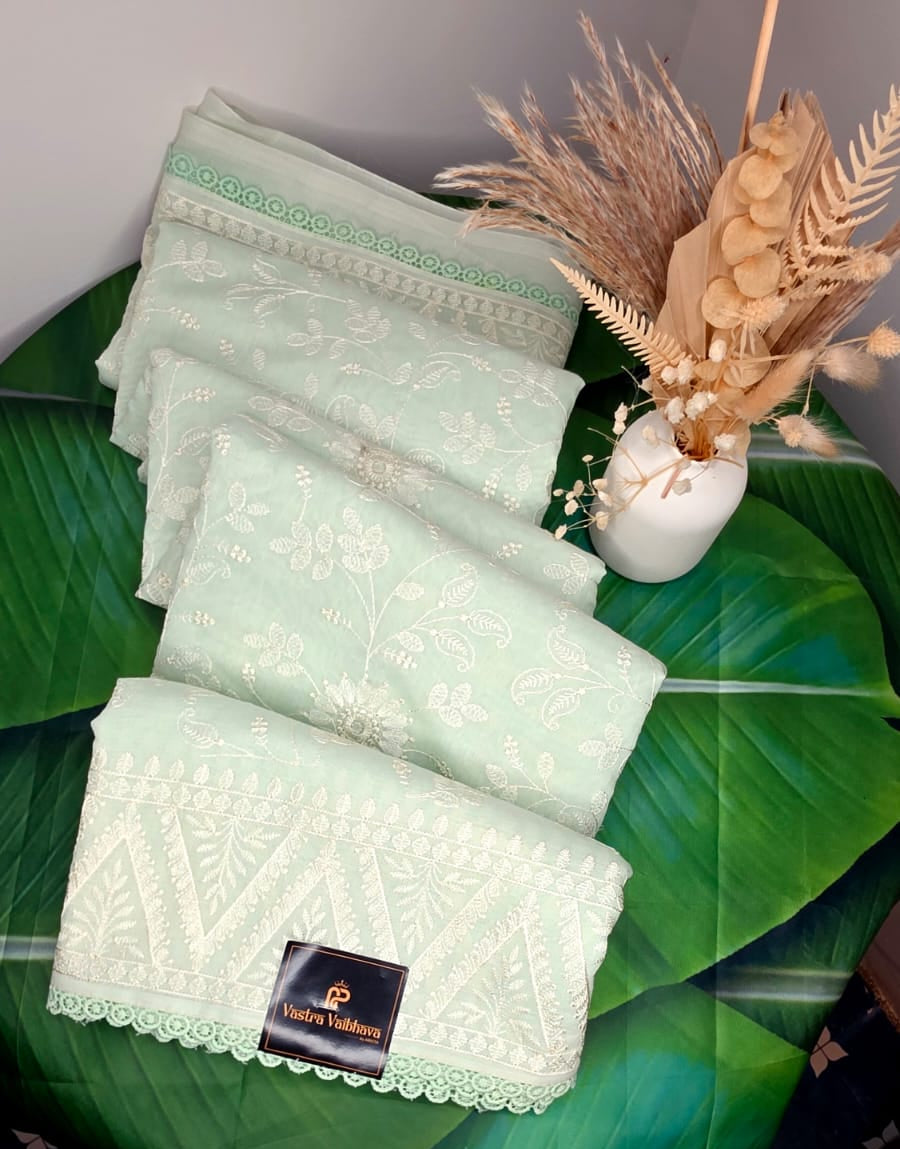 Embroidery Chikankari Work Saree – Soft Mint Green Elegance