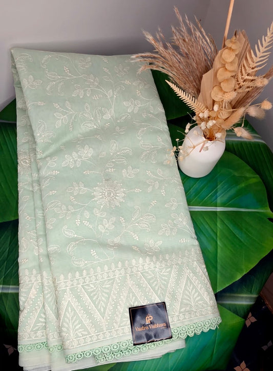 Embroidery Chikankari Work Saree – Soft Mint Green Elegance