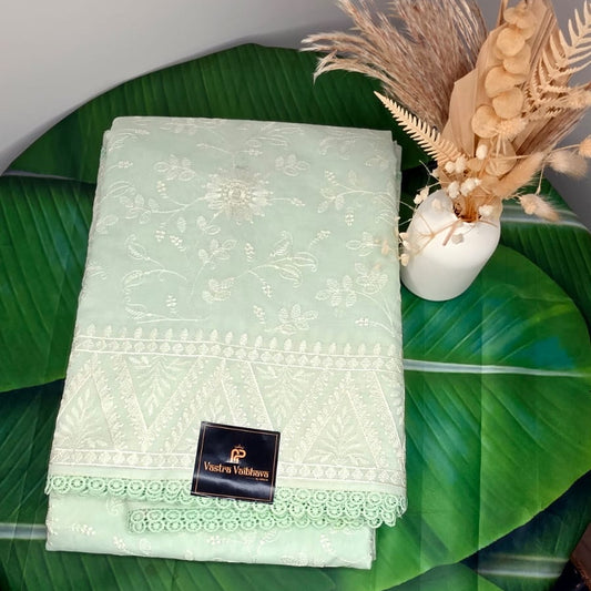 Embroidery Chikankari Work Saree – Soft Mint Green Elegance