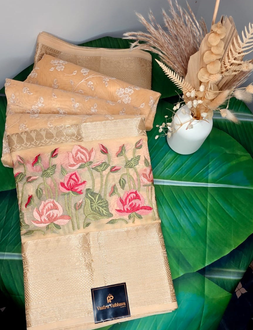 Premium Embroidery Chikankari Work Saree - GOLDEN ELEGANCE