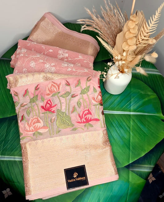 Premium Embroidery Chikankari Embroidery Saree – Rosy Pink