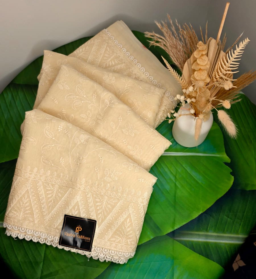 Embroidery Chikankari Work Saree – Elegant Off-White Beauty