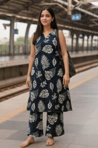 Cotton floral print A line Kurta BLUE
