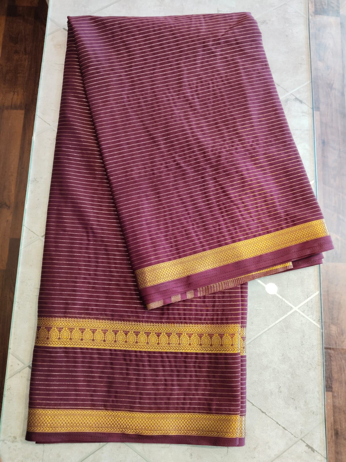CREPE SILK Coffee Brown with Golden Stripes Saree