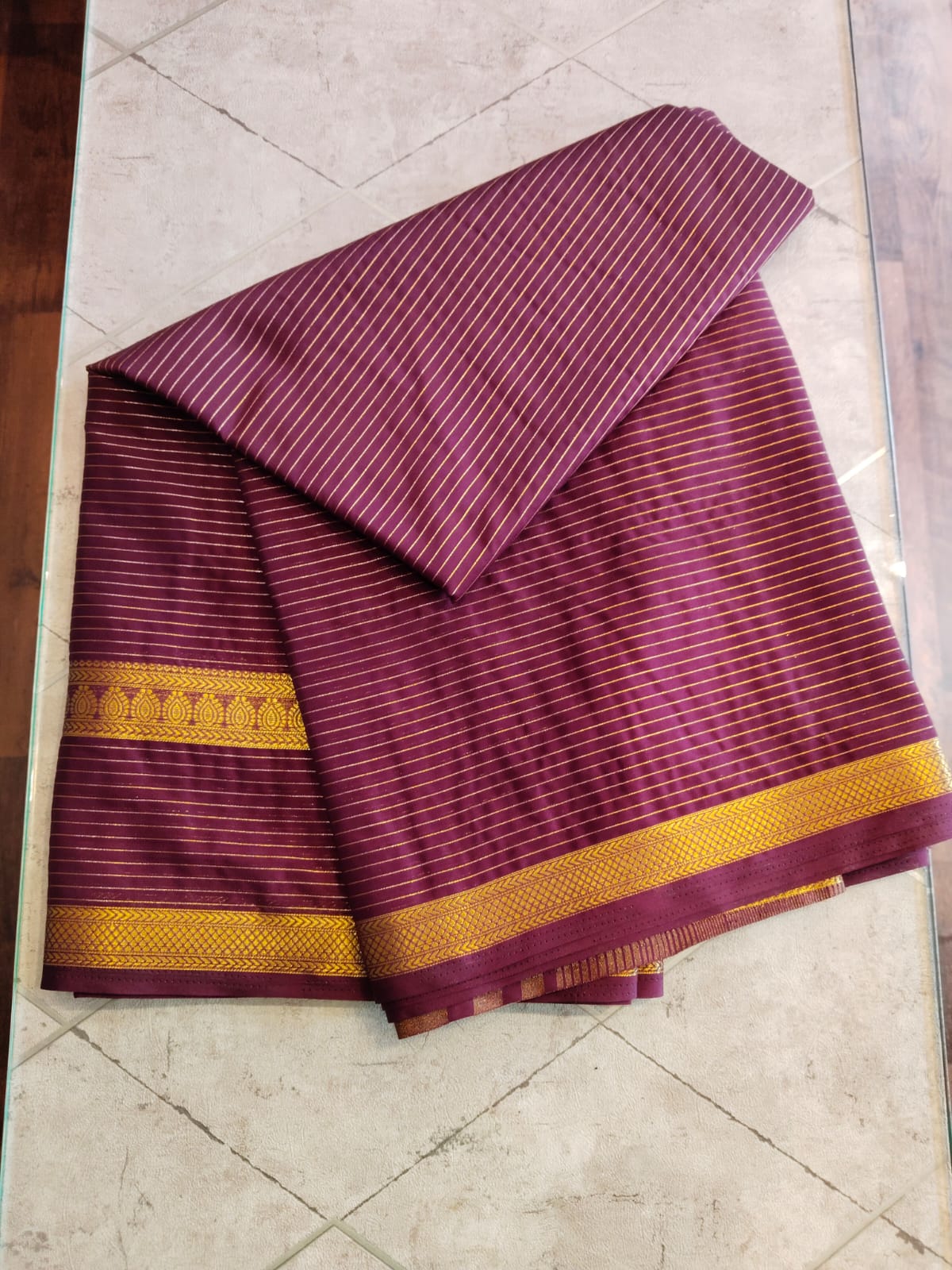 CREPE SILK Coffee Brown with Golden Stripes Saree