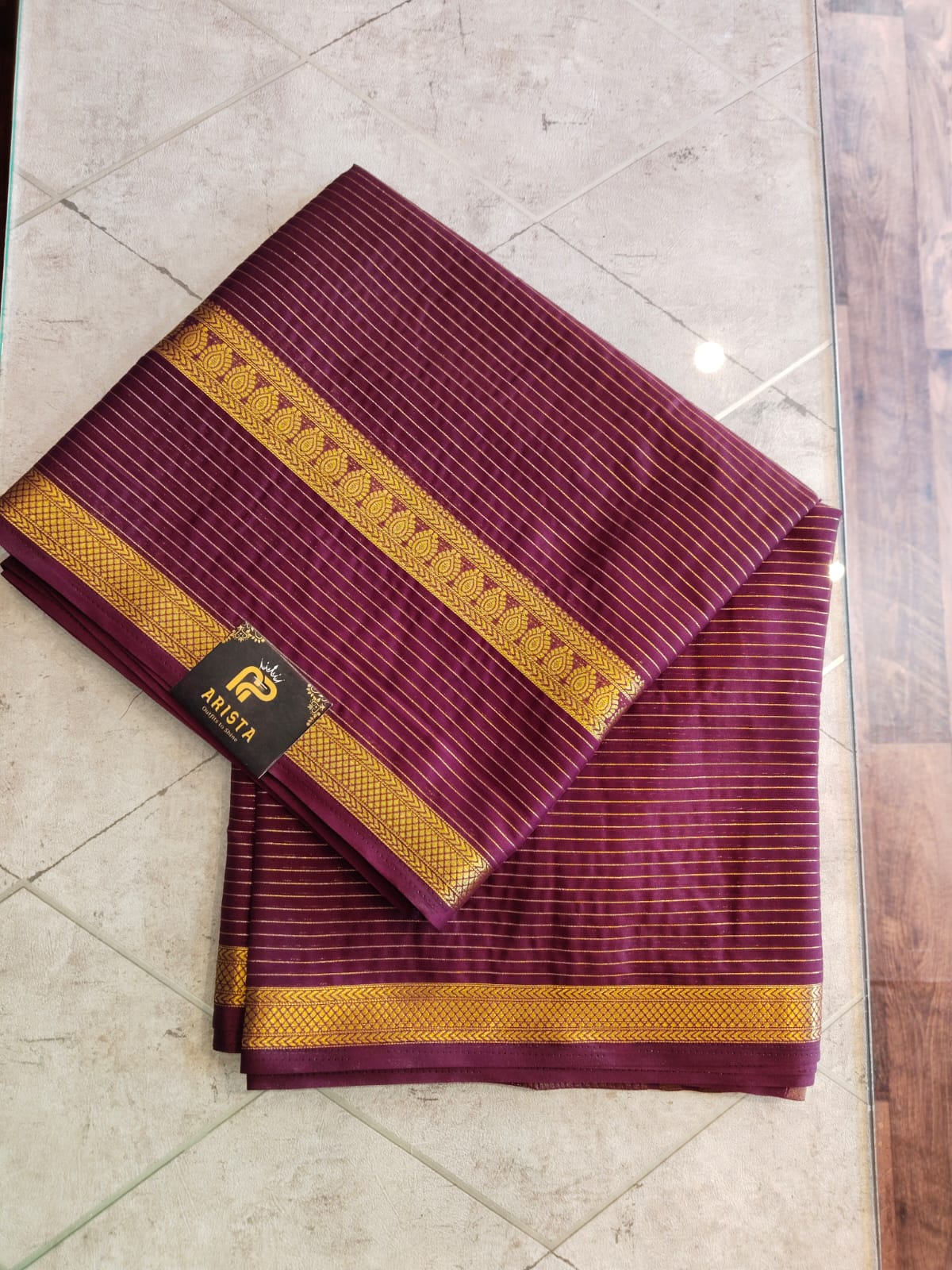 CREPE SILK Coffee Brown with Golden Stripes Saree