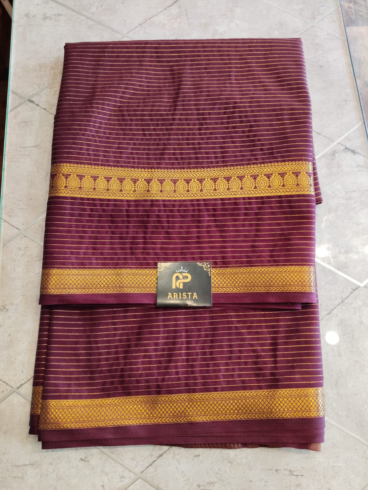 CREPE SILK Coffee Brown with Golden Stripes Saree