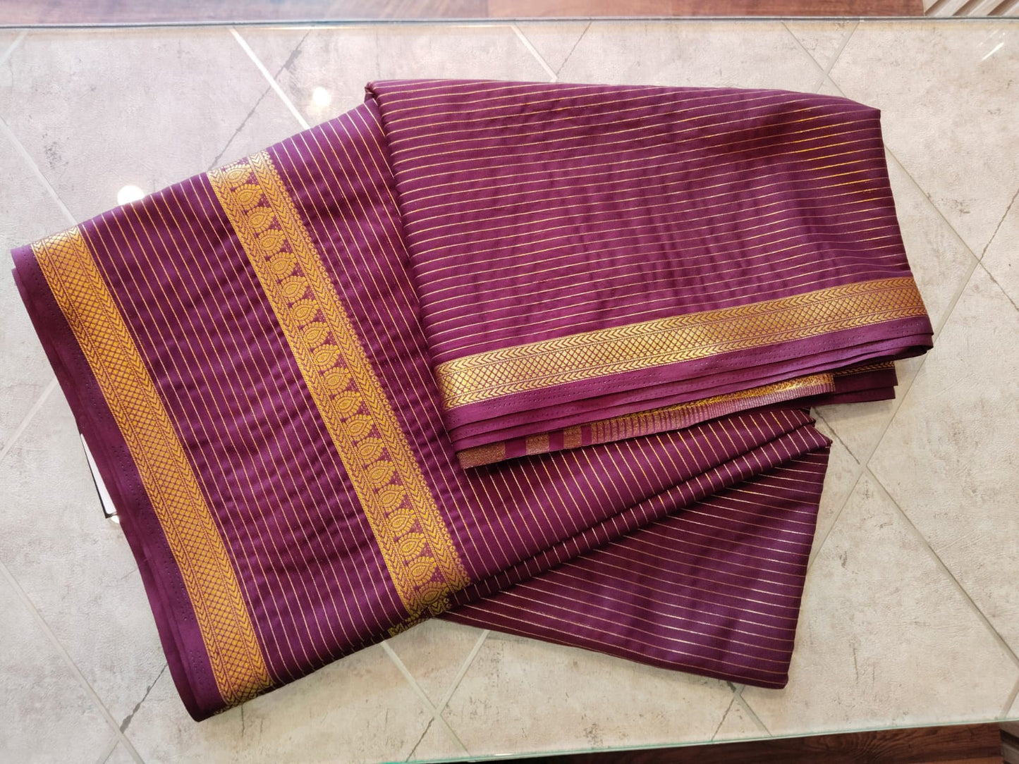 CREPE SILK Coffee Brown with Golden Stripes Saree