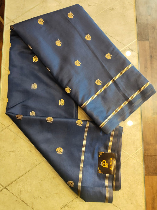 CREPE SILK Ink Blue  & Golden Peacock Motifs Saree