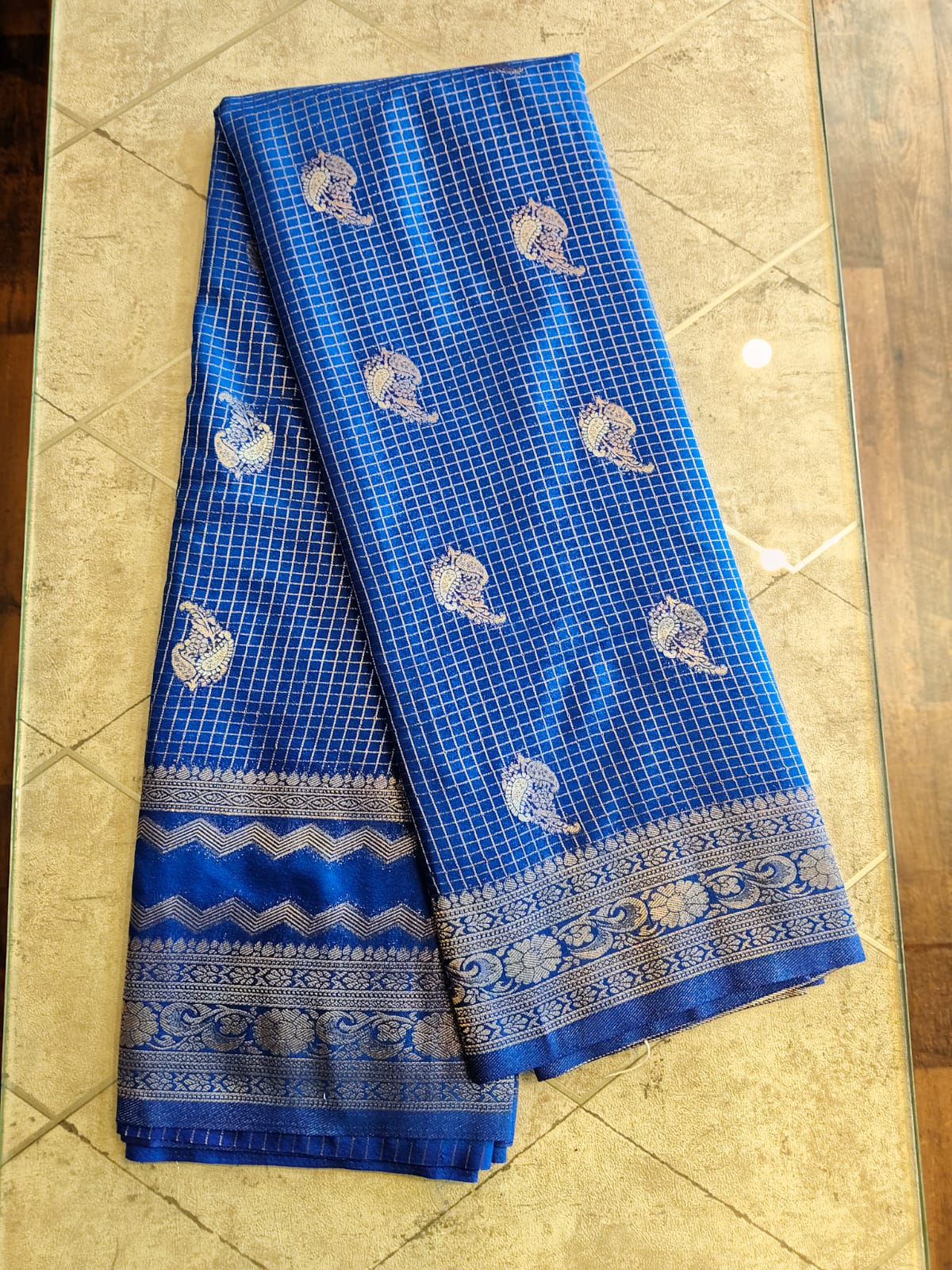 CREPE SILK Royal Blue with Checks Butta