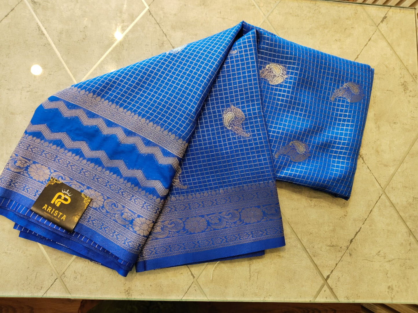 CREPE SILK Royal Blue with Checks Butta