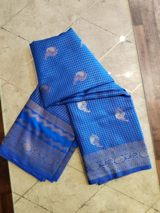 CREPE SILK Royal Blue with Checks Butta