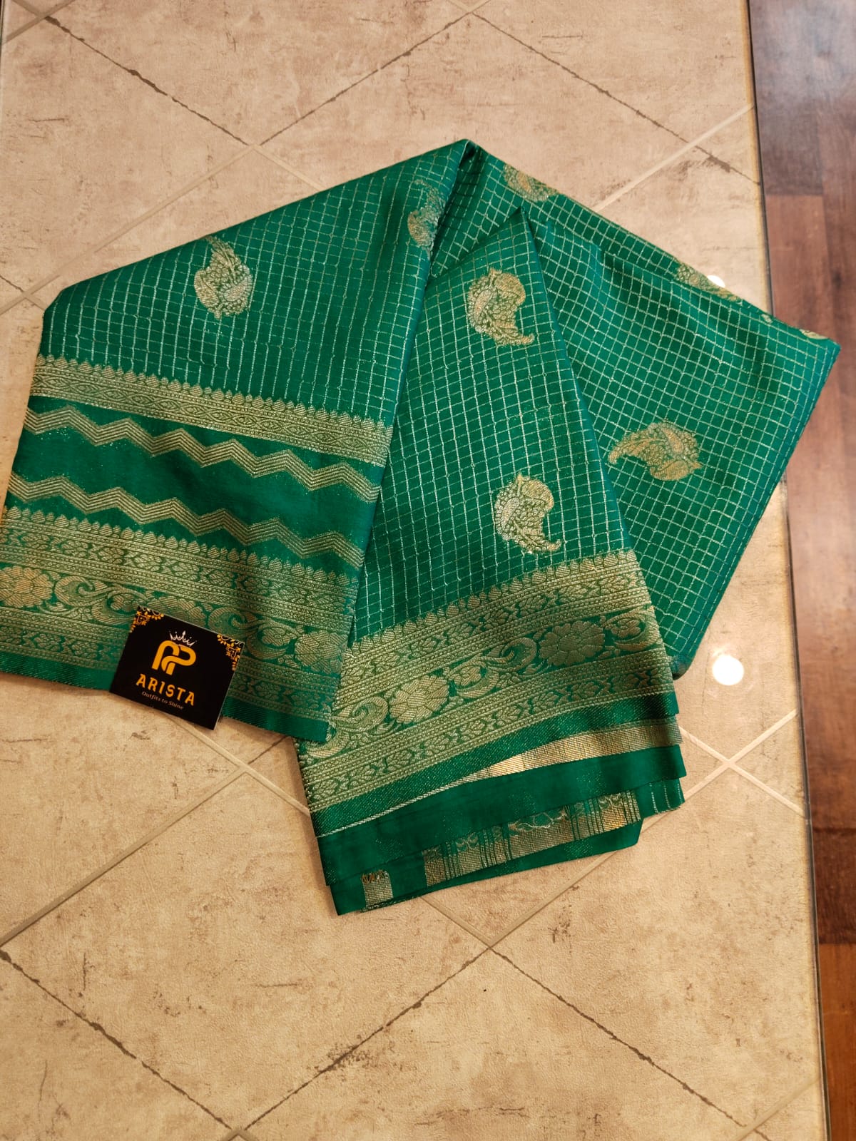 CREPE SILK Green with Checks Butta