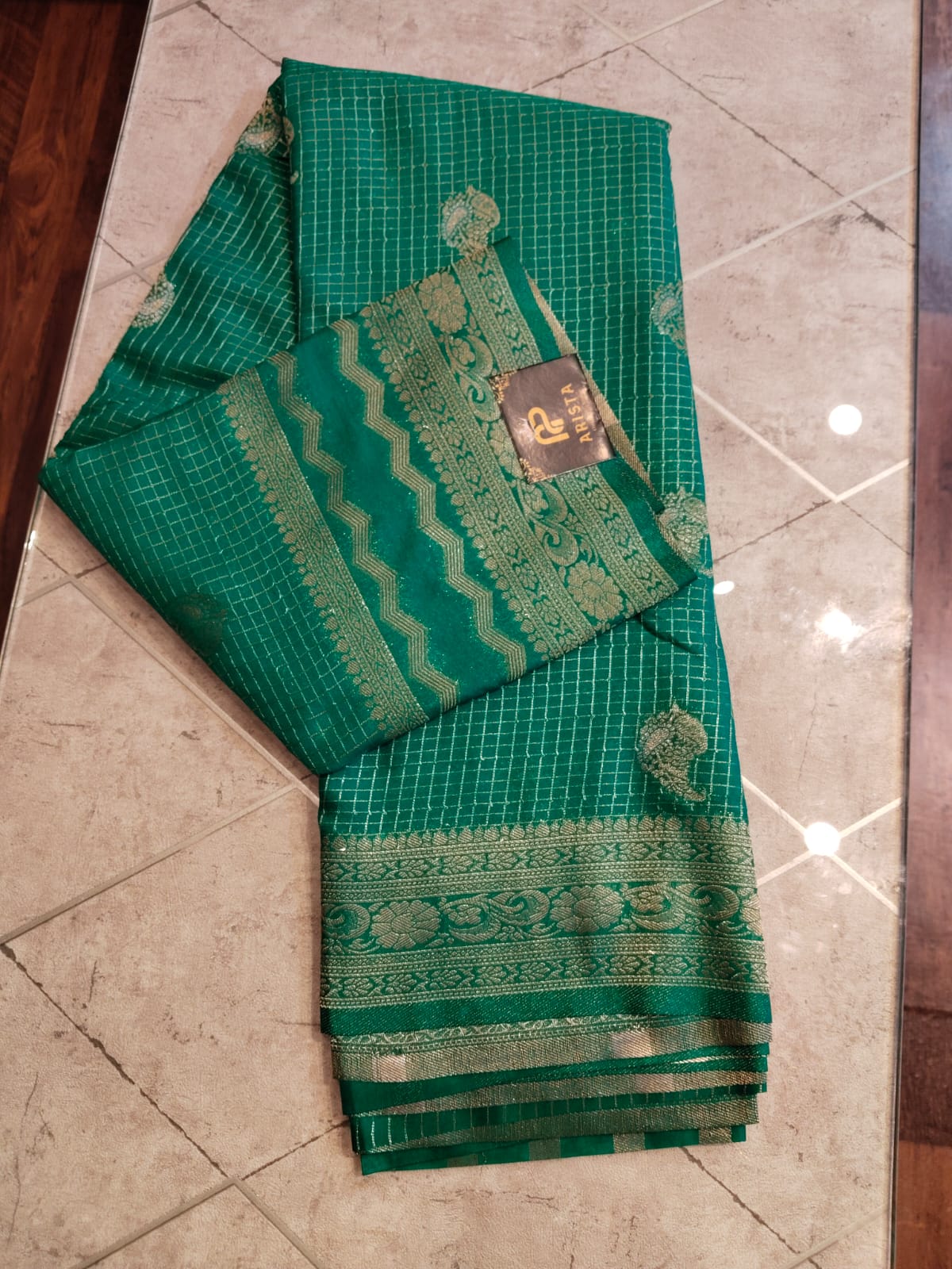 CREPE SILK Green with Checks Butta