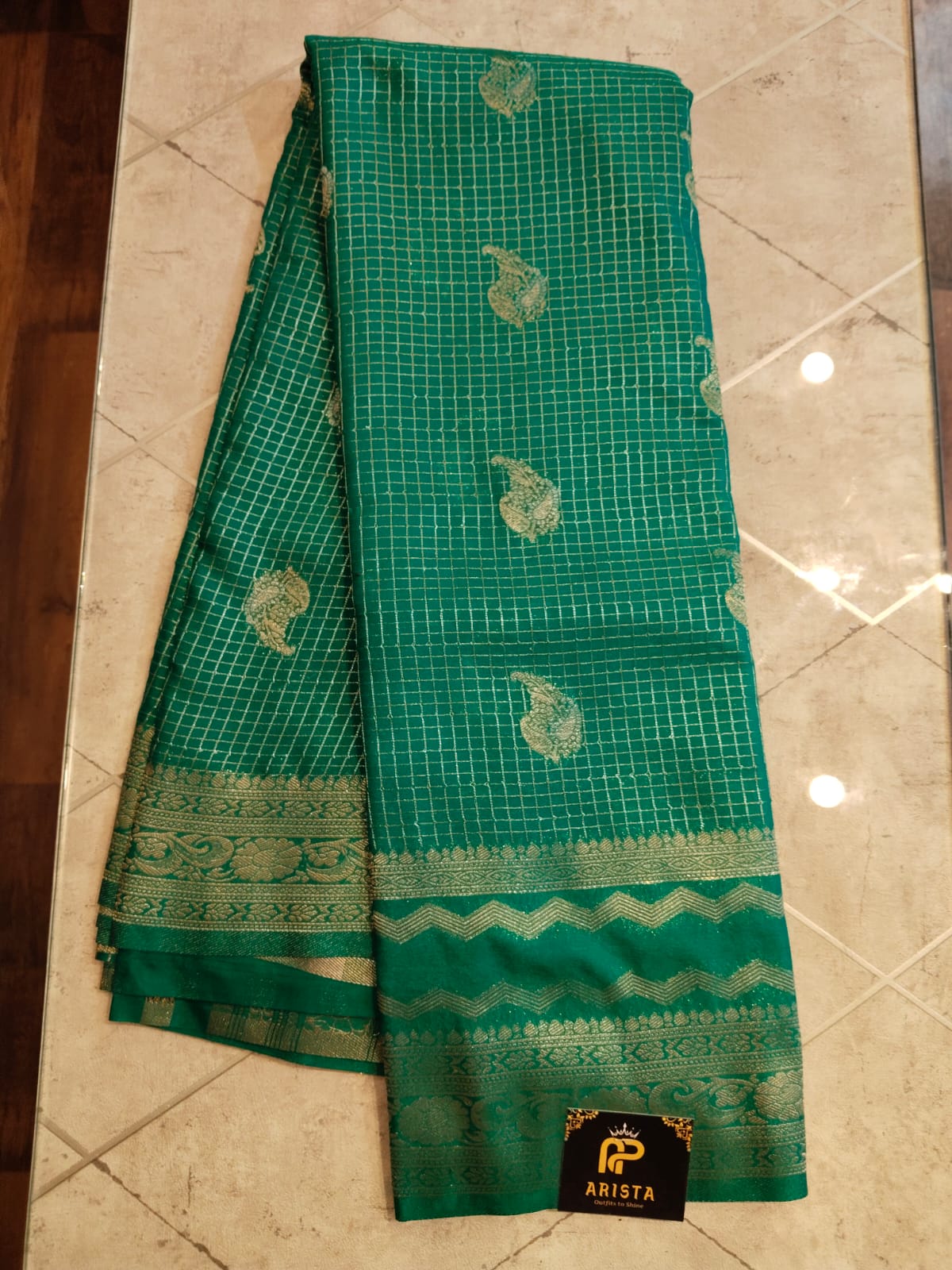 CREPE SILK Green with Checks Butta