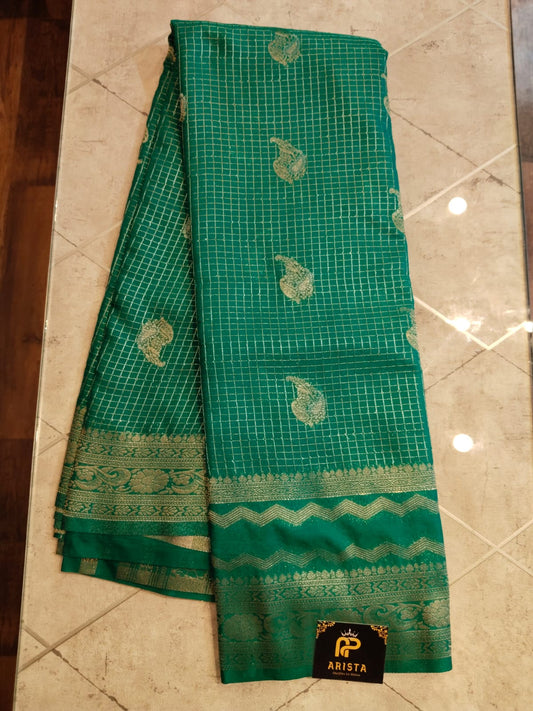 CREPE SILK Green with Checks Butta